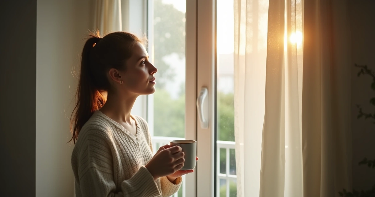 Mulher olhando pensativa pela janela de casa 