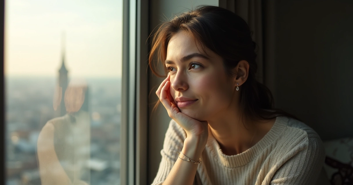 Mulher refletindo sozinha olhando pela janela