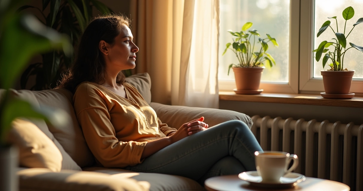 Mulher olhando através de uma janela, parecendo pensativa 