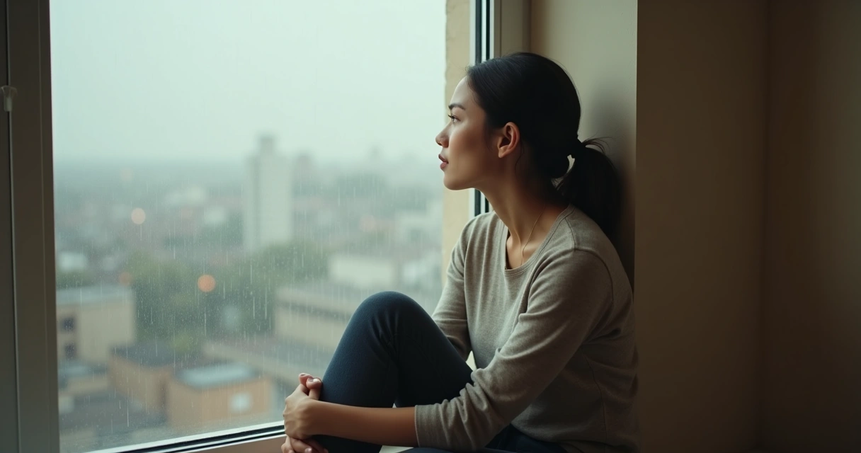 Mulher sentada olhando através de uma janela, pensativa