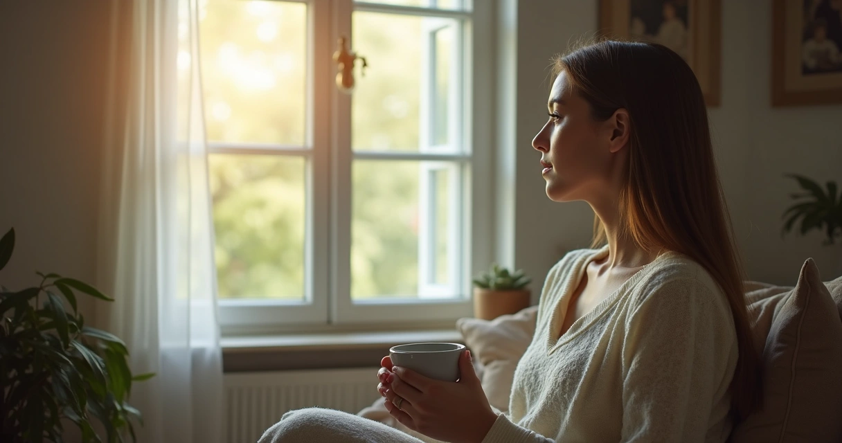 Mulher pensativa olhando pela janela com luz natural suave 