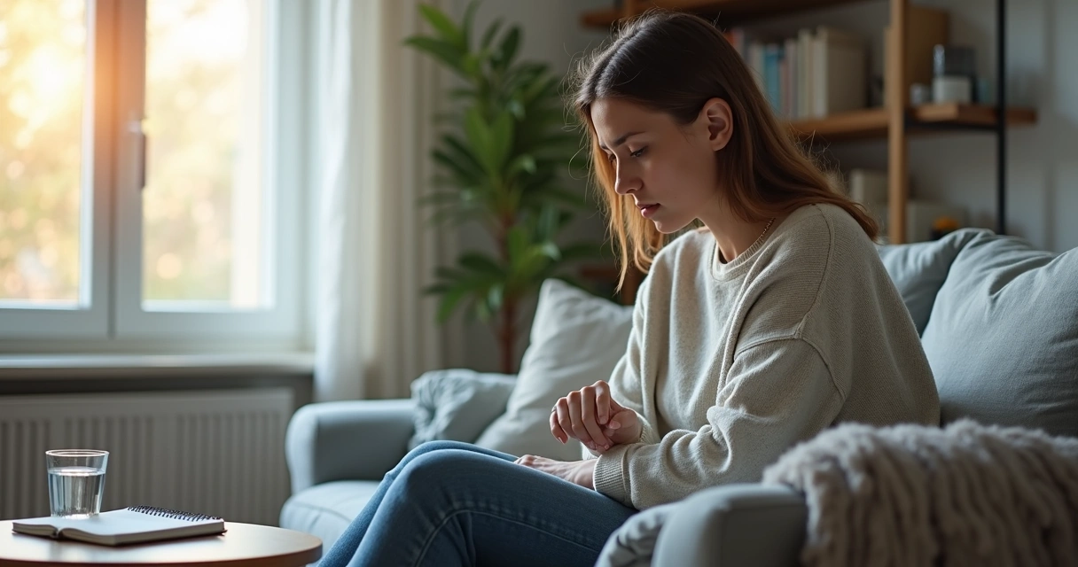 Mulher sentada perto da janela com expressão pensativa e mudança sutil de humor 