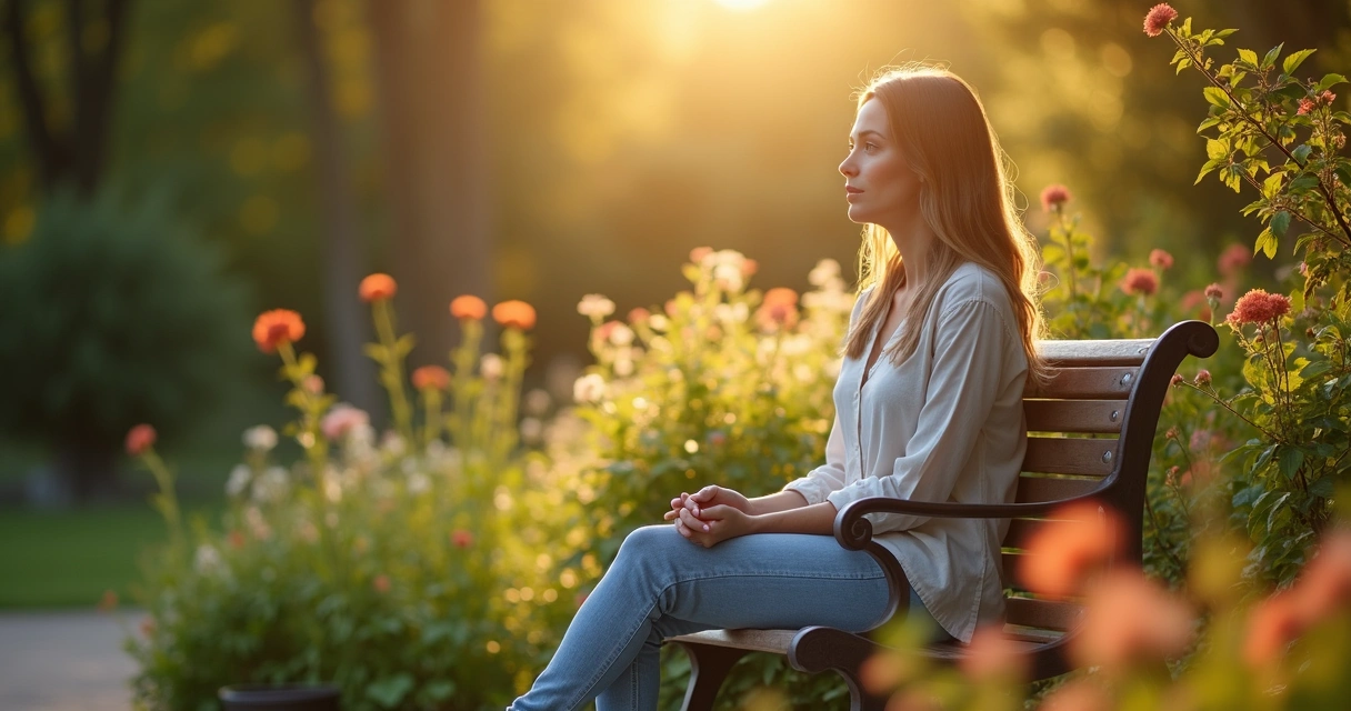 Mulher refletindo sentada em jardim 