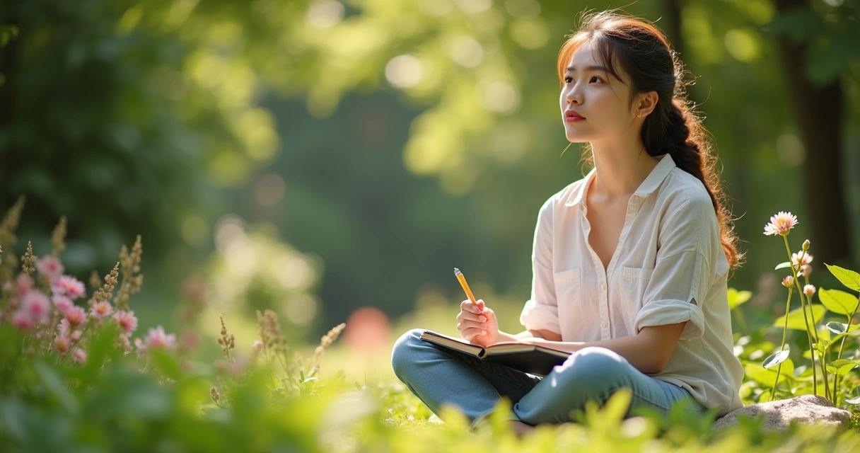 Mulher refletindo em um jardim tranquilo 