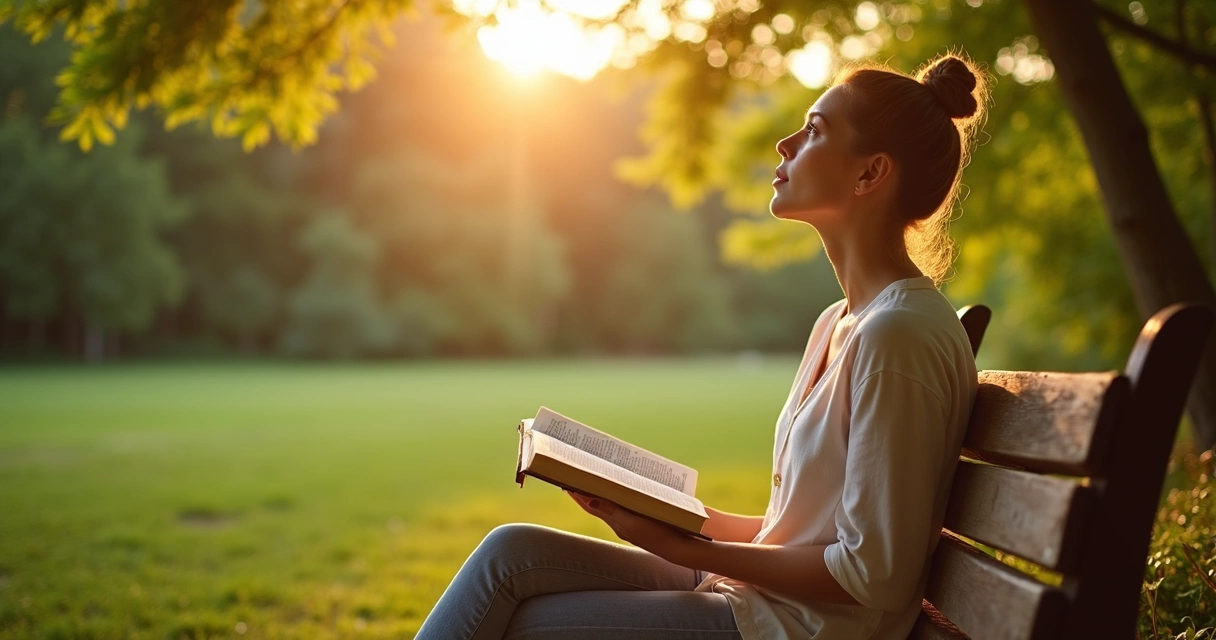 Mulher sentada ao ar livre refletindo com Bíblia aberta no colo e raios de sol ao fundo 