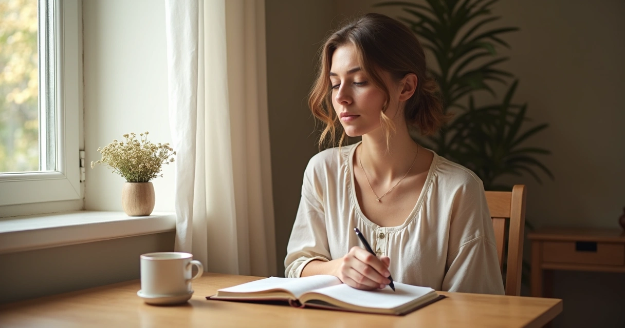 Mulher refletindo ao ler Bíblia em uma mesa 