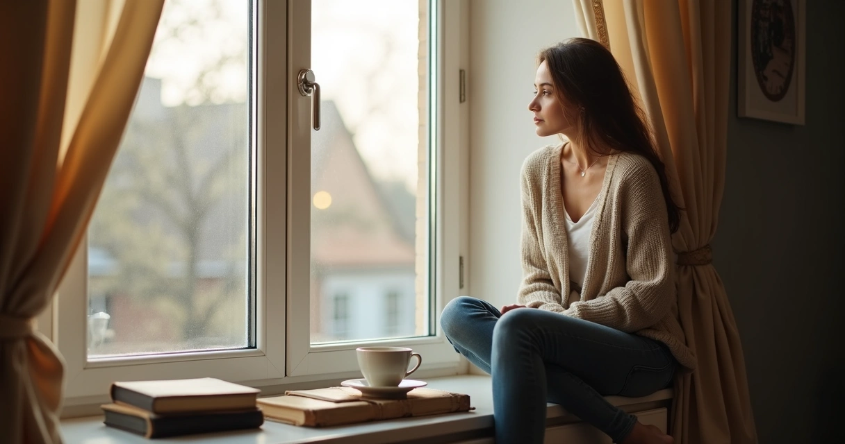 Mulher olhando para fora de uma janela, expressão pensativa, ambiente iluminado.