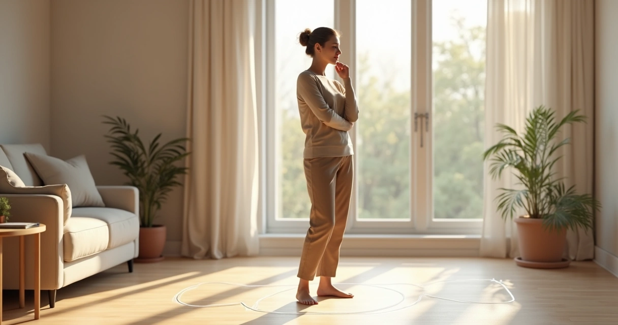 Mulher adulta em pé diante de uma linha no chão, refletindo sobre seus limites pessoais 