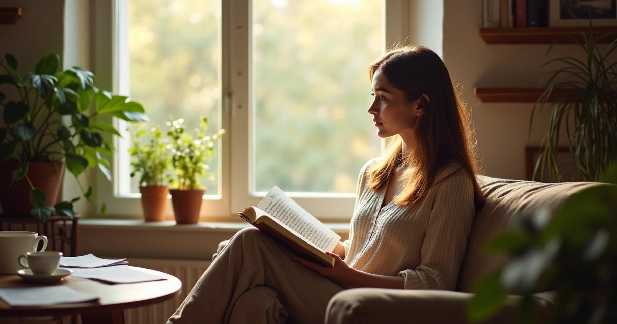 Mulher sentada lendo livro e refletindo 