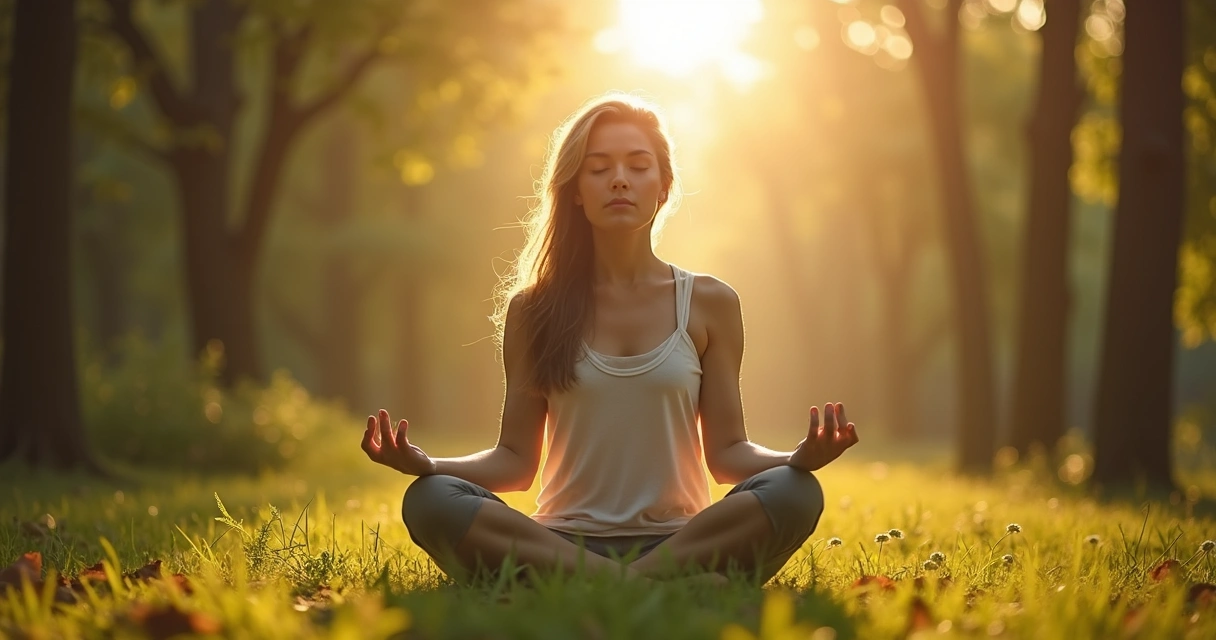 Mulher meditando sentada em meio à natureza com luz suave e ambiente relaxante. 