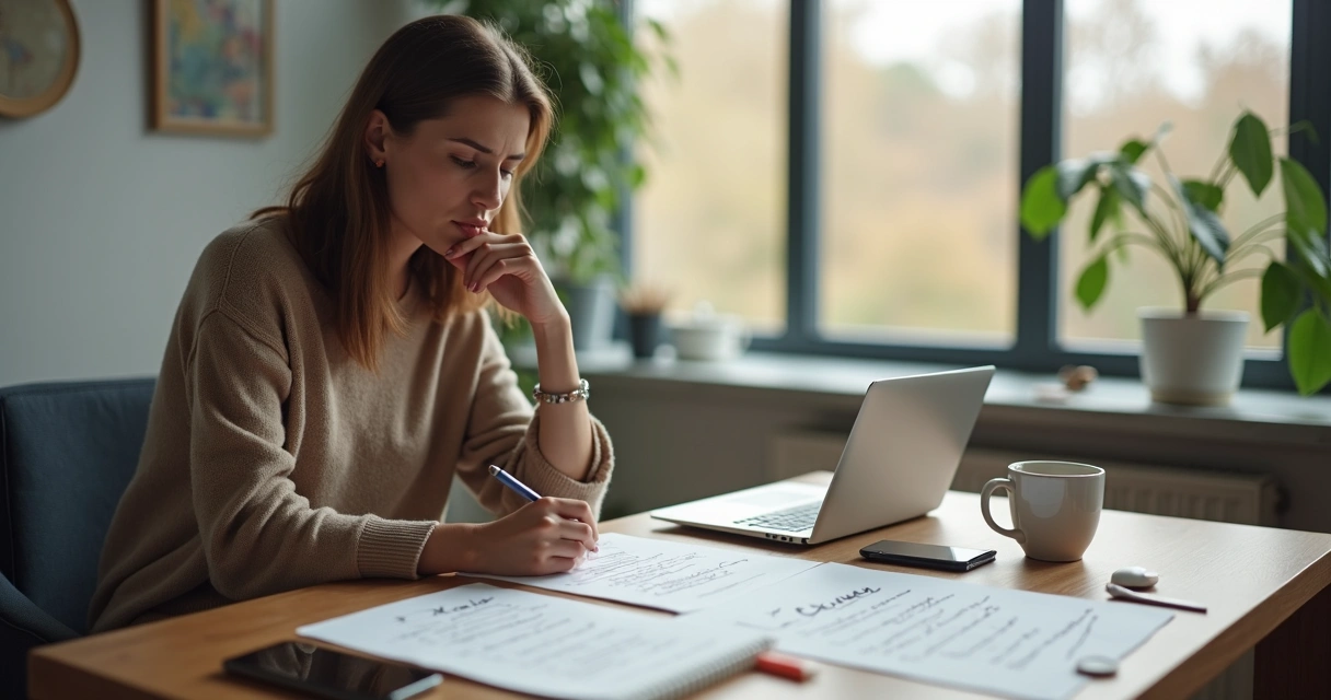 Mulher sentada à mesa olhando para duas listas, uma de objetivos e outra de desculpas 