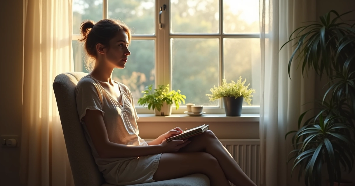 Mulher pensativa olhando para janela em momento de autoconhecimento 
