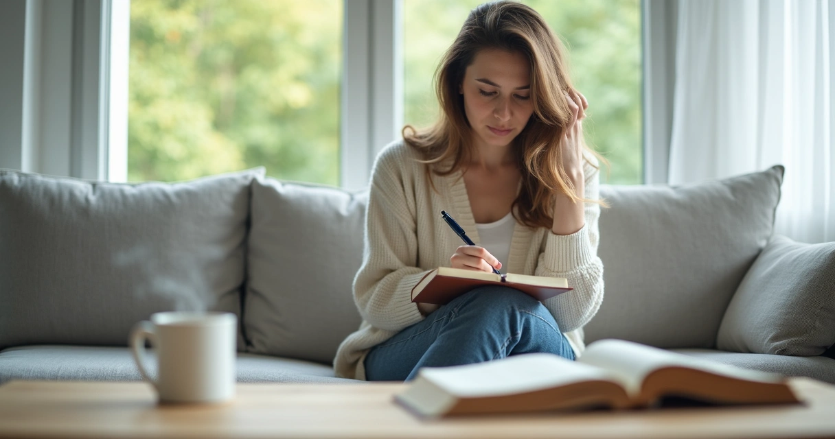 Pessoa sentada perto da janela escrevendo em um caderno e refletindo sobre si mesma 