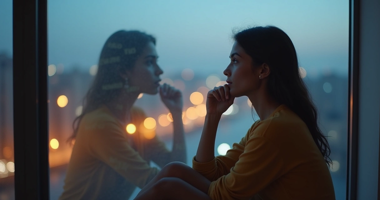 Mulher sentada olhando o próprio reflexo em um vidro com expressões contrastantes 