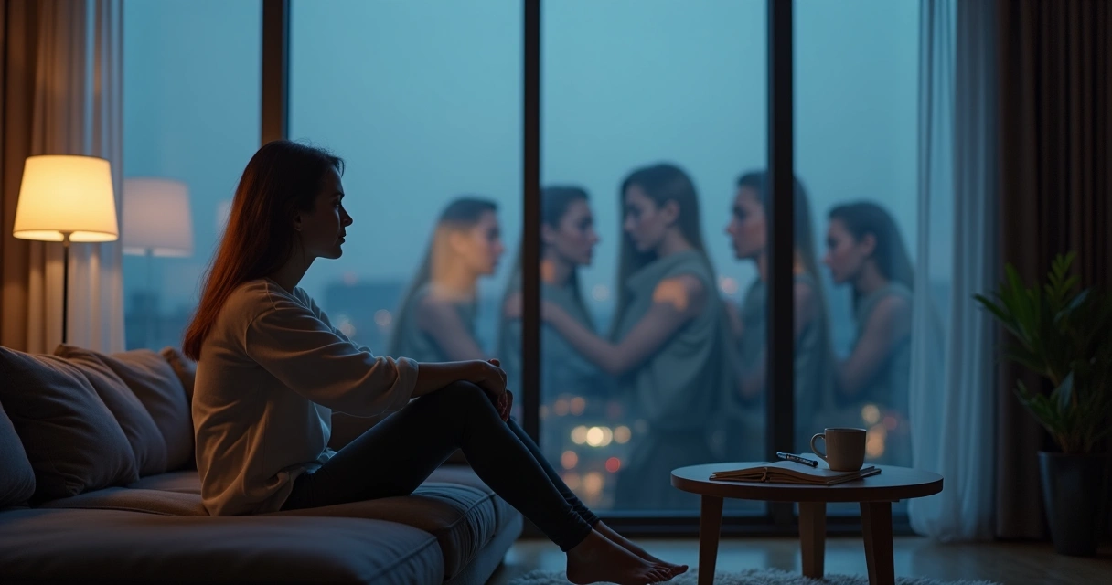 Mulher sentada refletindo diante de vidro com múltiplos reflexos do próprio rosto 