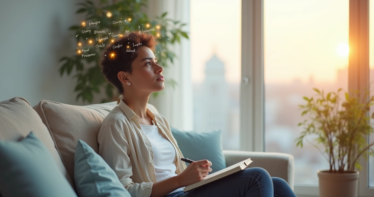 Pessoa sentada perto da janela refletindo com expressão serena e pensamentos positivos ao redor 