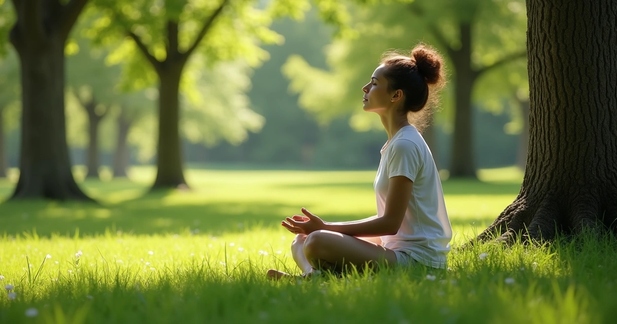 Mulher sentada perto de árvores, olhando para longe, como se refletisse