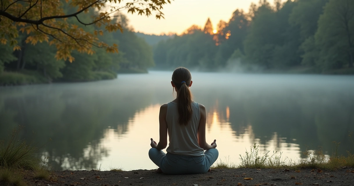 Mulher sentada à beira de um lago refletindo, natureza ao fundo