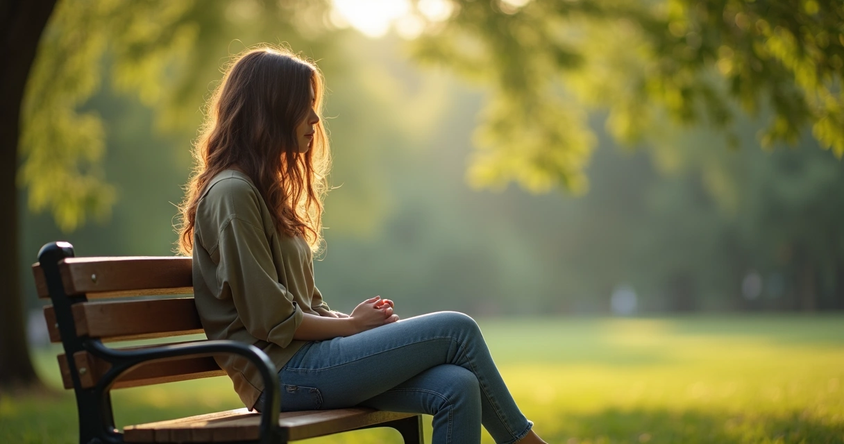 Mulher sentada refletindo sobre si mesma em ambiente natural 