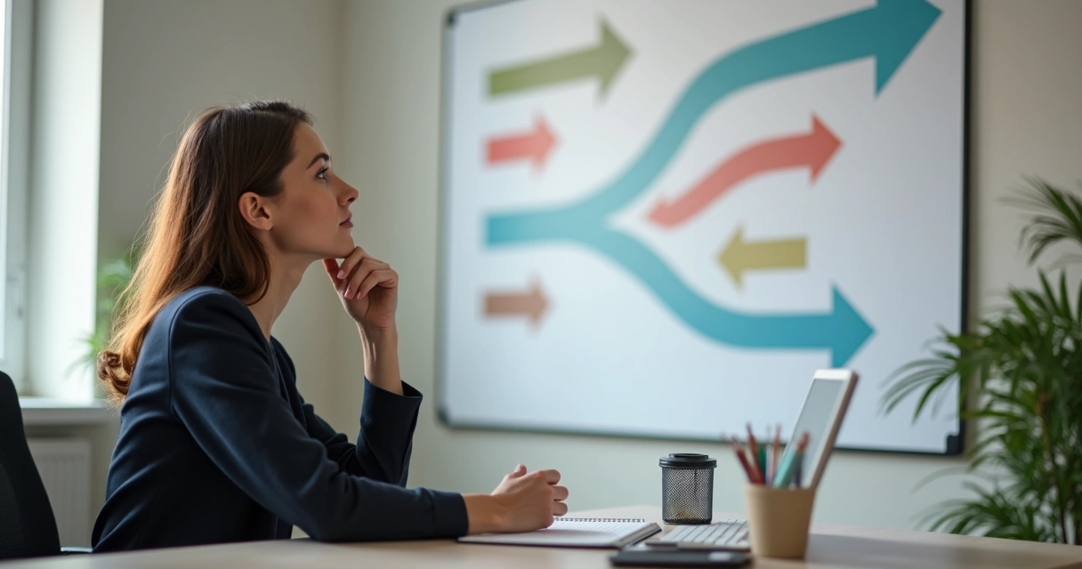 Mulher olhando para um quadro com setas de decisão