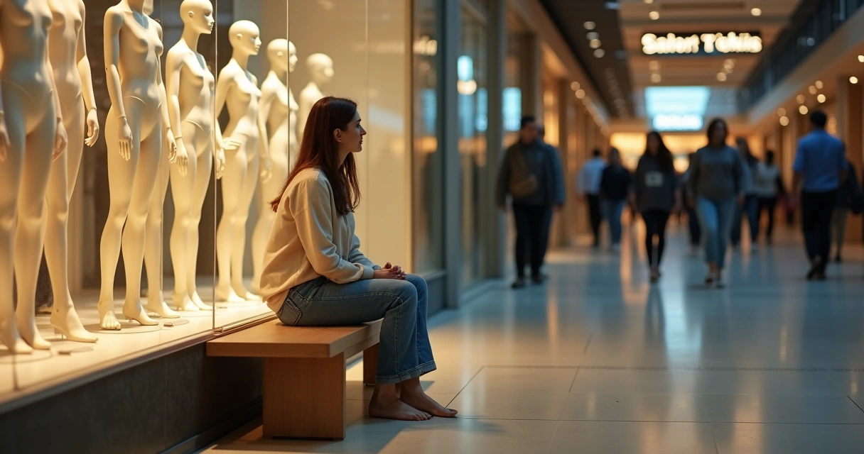 Mulher sentada em frente a vitrine de manequins refletindo sobre padrões de perfeição 
