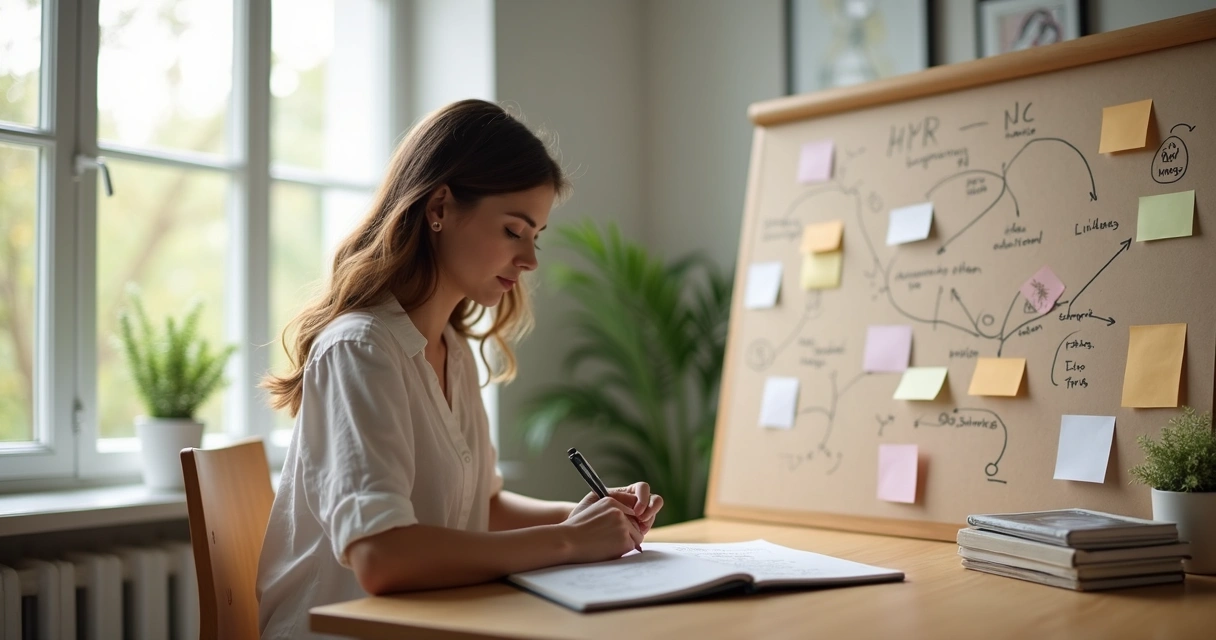 Mulher sentada pensativa diante de mural com padrões emocionais anotados 