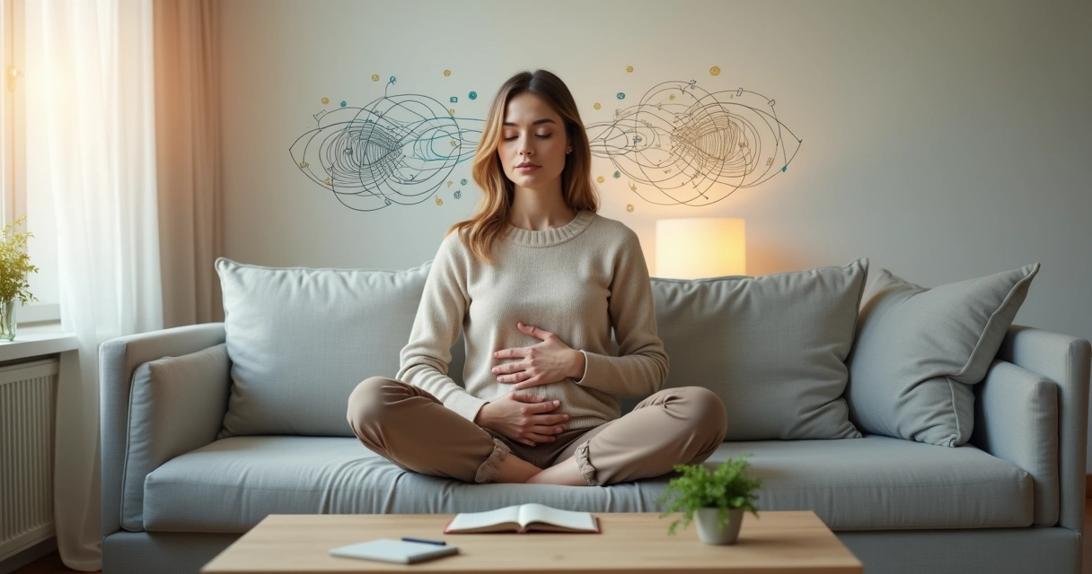 Mulher sentada em posição de meditação refletindo sobre padrões emocionais 