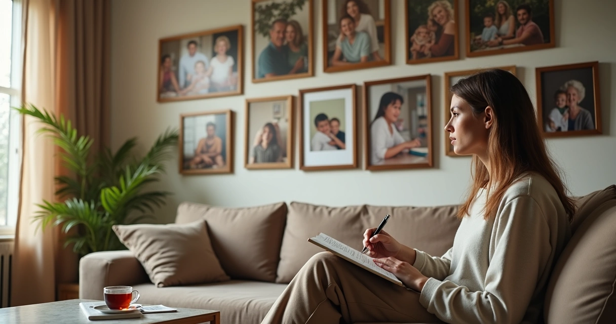 Mulher adulta observando mural de fotos da família e refletindo sobre padrões familiares 