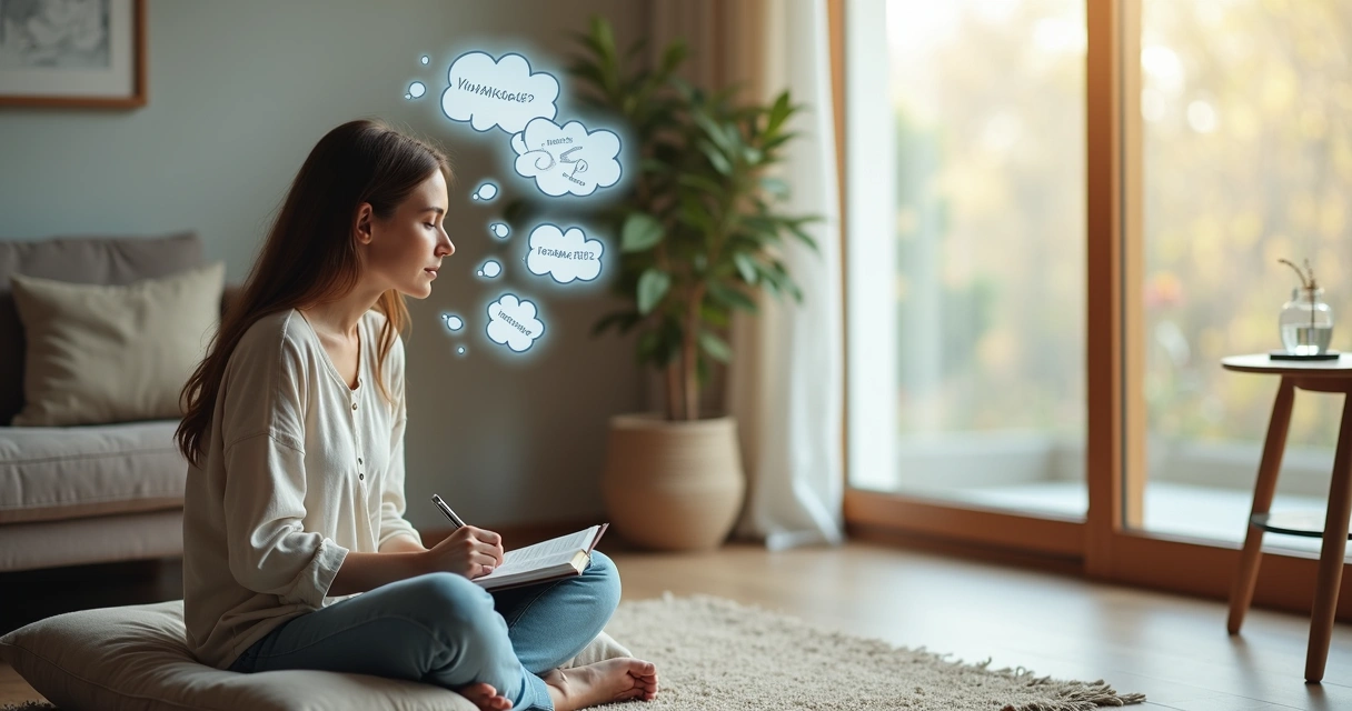 Mulher sentada em posição de meditação observando nuvens de pensamentos repetitivos 