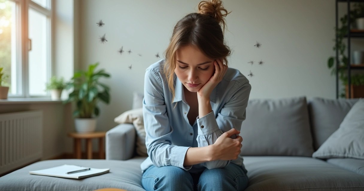 Mulher sentada em sofá com expressão pensativa e traços desfocados ao redor da cabeça representando pensamentos intrusivos 