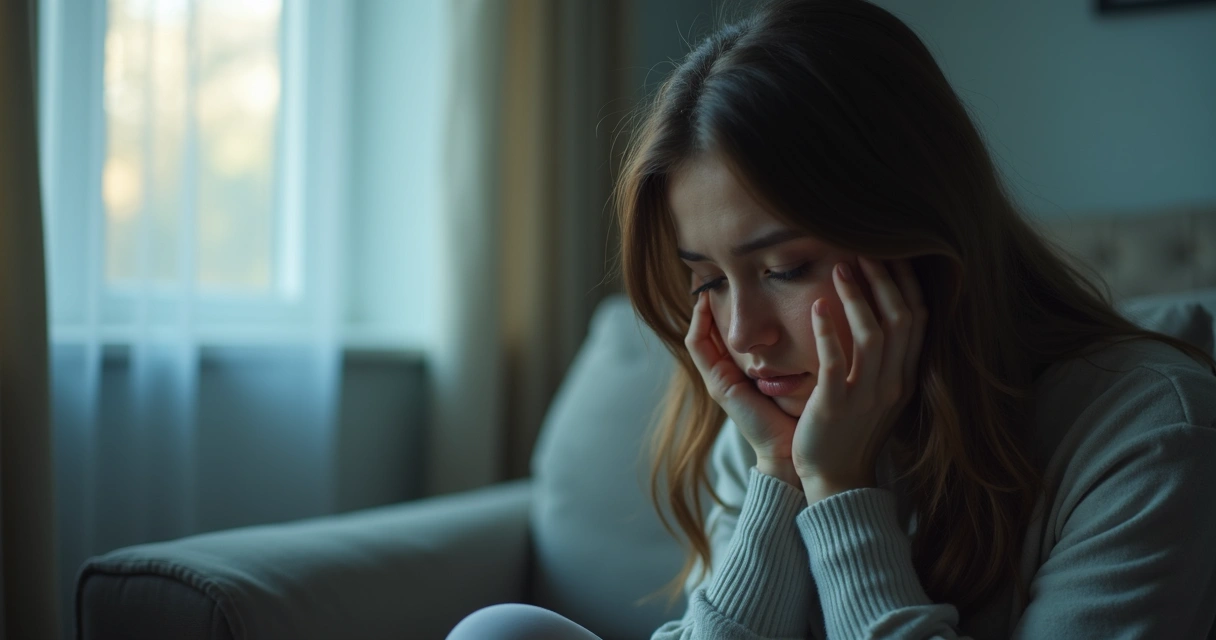 Mulher sentada com expressão pensativa olhando para baixo, mãos apoiadas no rosto. 
