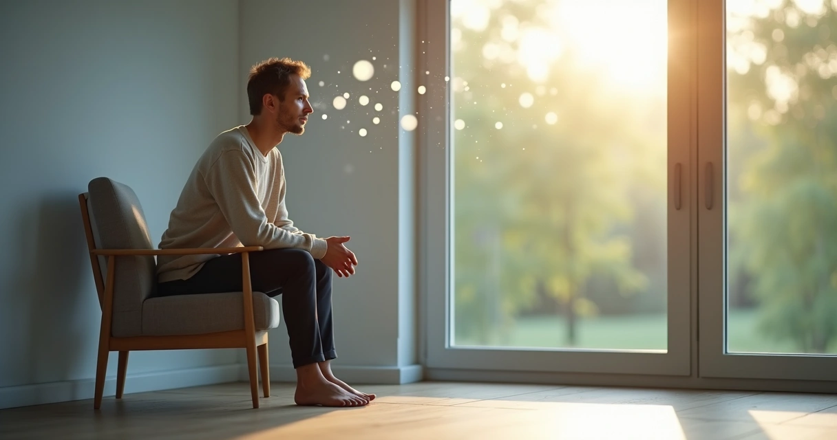 Pessoa sentada olhando pela janela refletindo sobre pensamentos repetitivos 