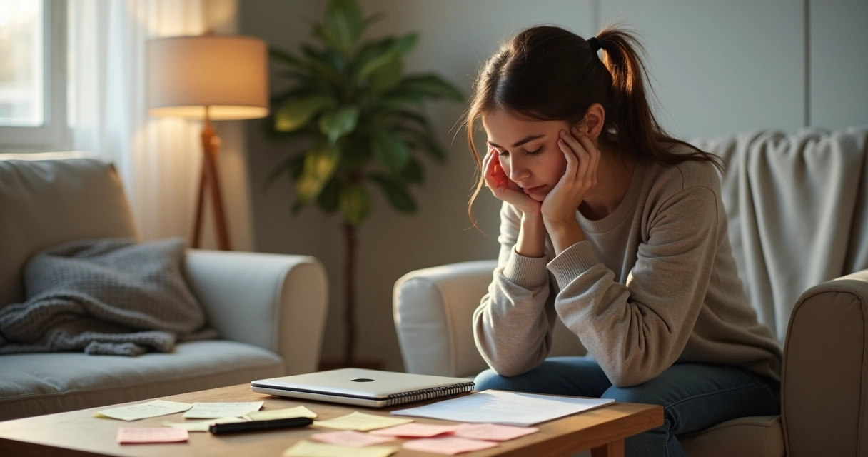 Mulher sentada pensativa diante de janela com blocos de notas ao lado 