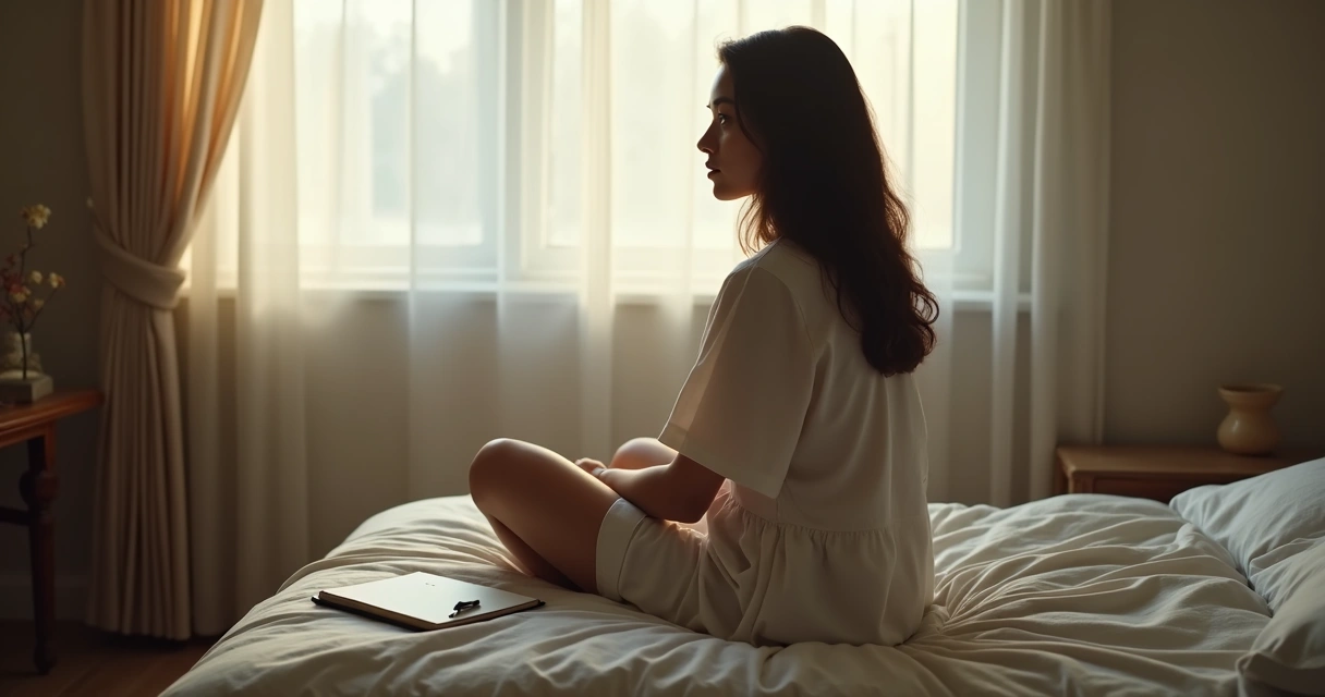 Mulher sentada refletindo sozinha em um quarto simples 