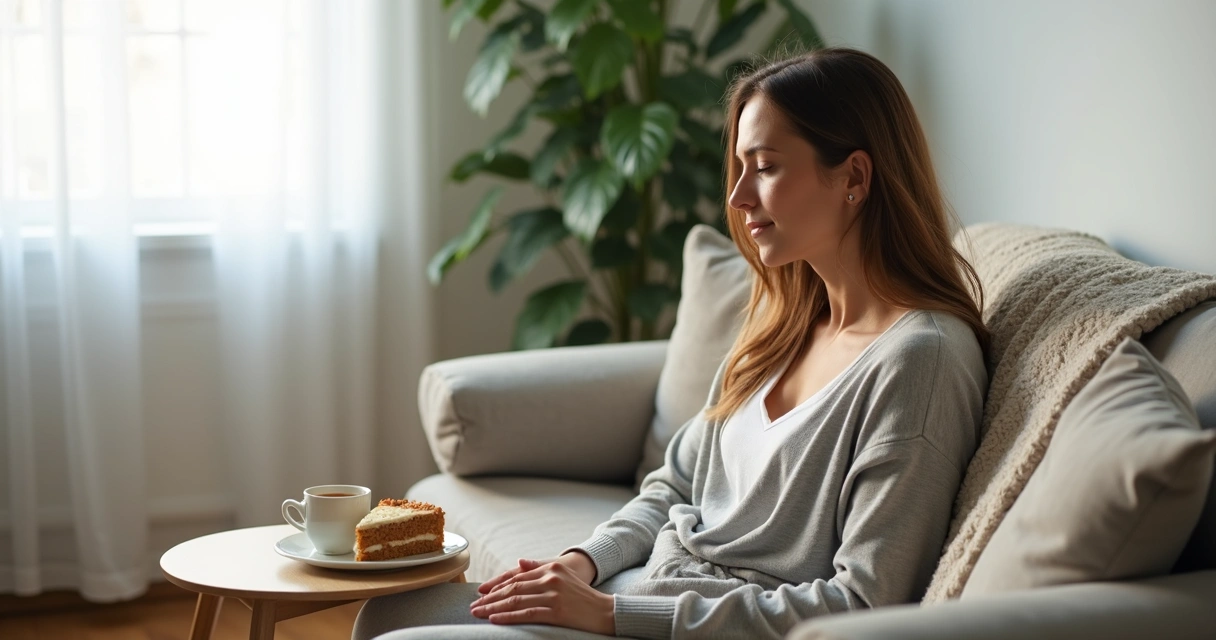 Mulher sentada no sofá olhando para prato de doce com expressão de reflexão e acolhimento 