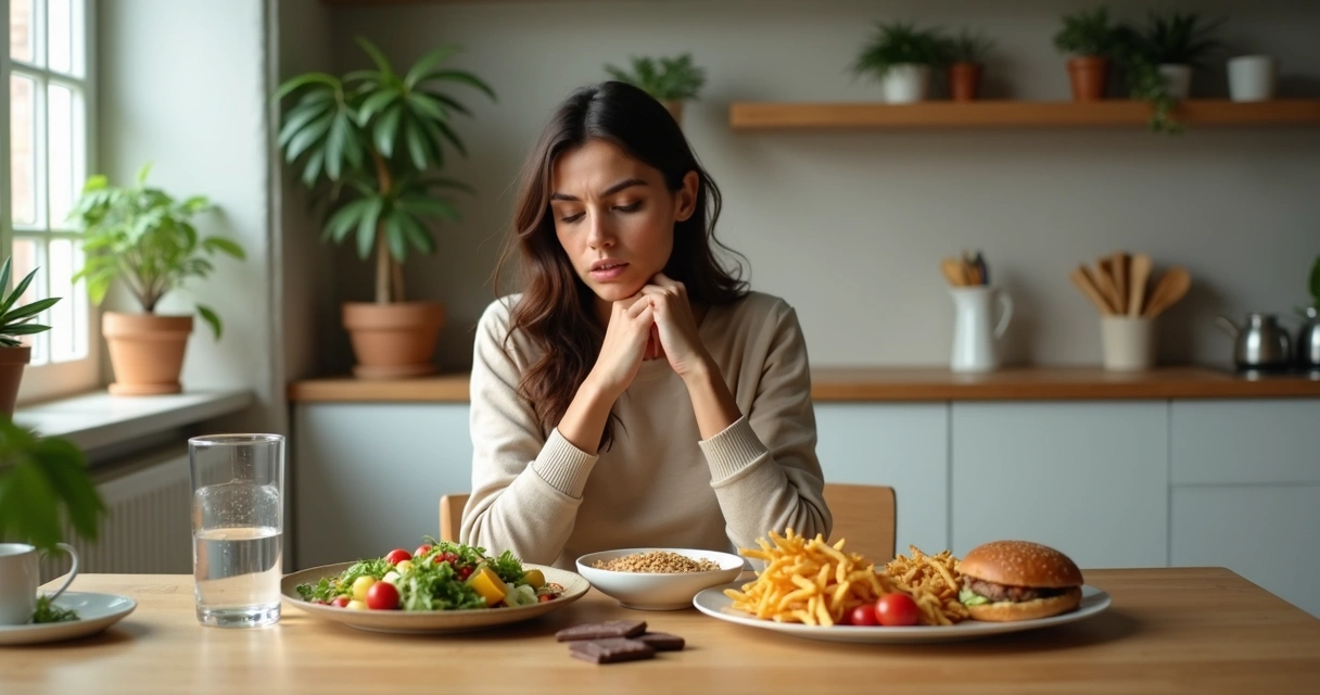 Mulher pensativa à mesa entre salada e fast food 