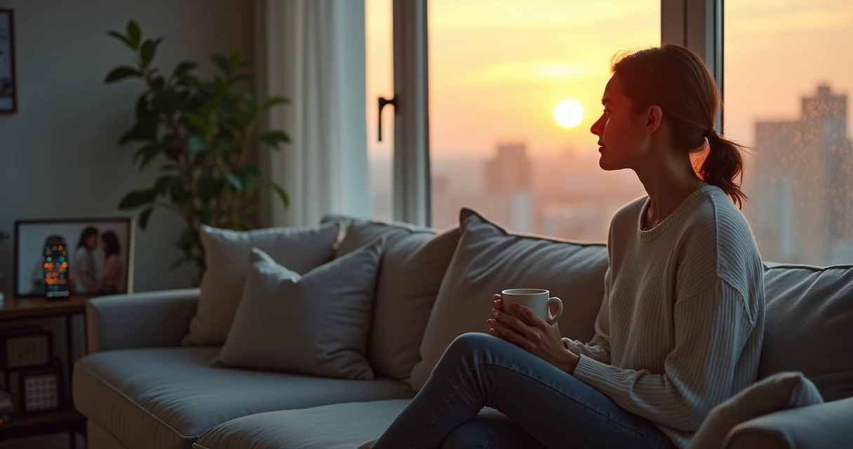 Mulher sentada sozinha em sala iluminada refletindo sobre relação difícil 