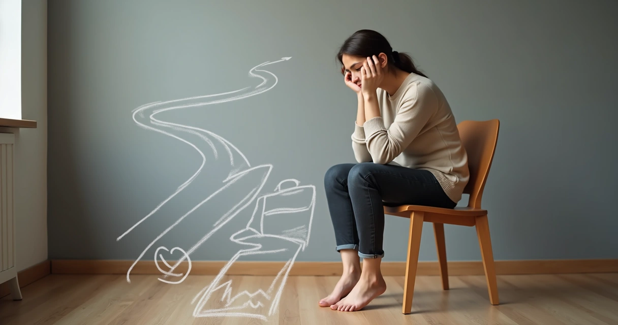 Mulher sentada pensativa diante de encruzilhada de caminhos 