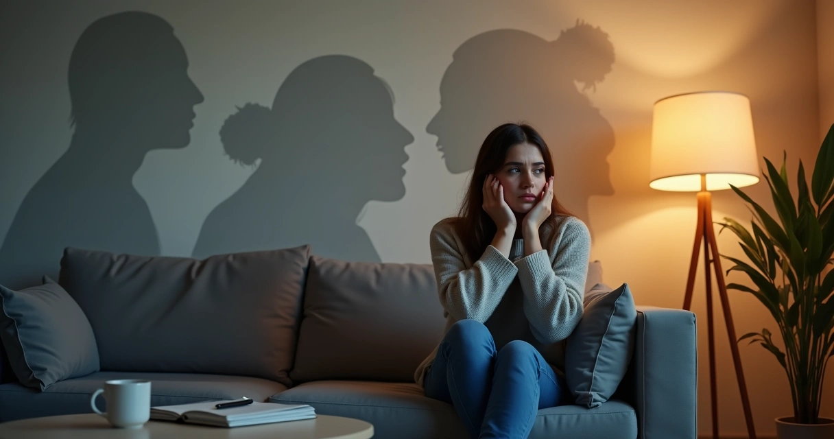 Mulher sentada no sofá refletindo com sombras partidas atrás dela 