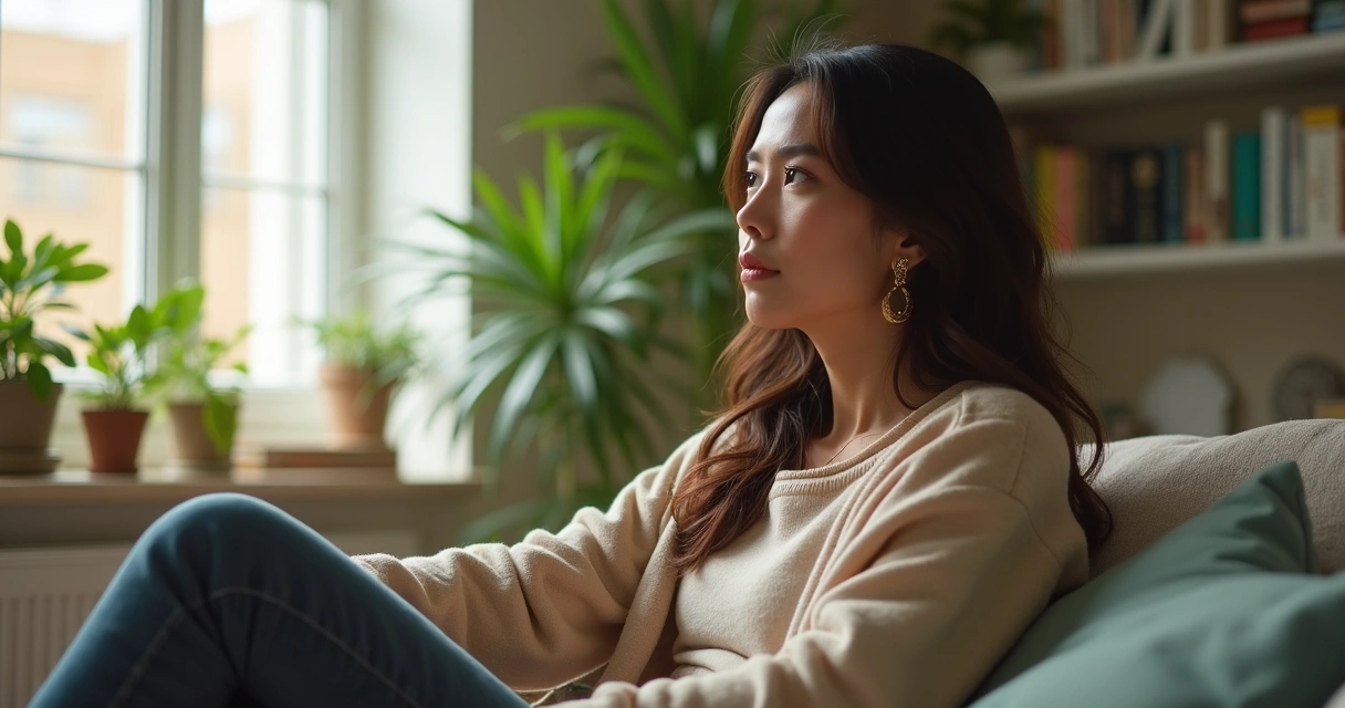 Mulher refletindo sentada em um sofá