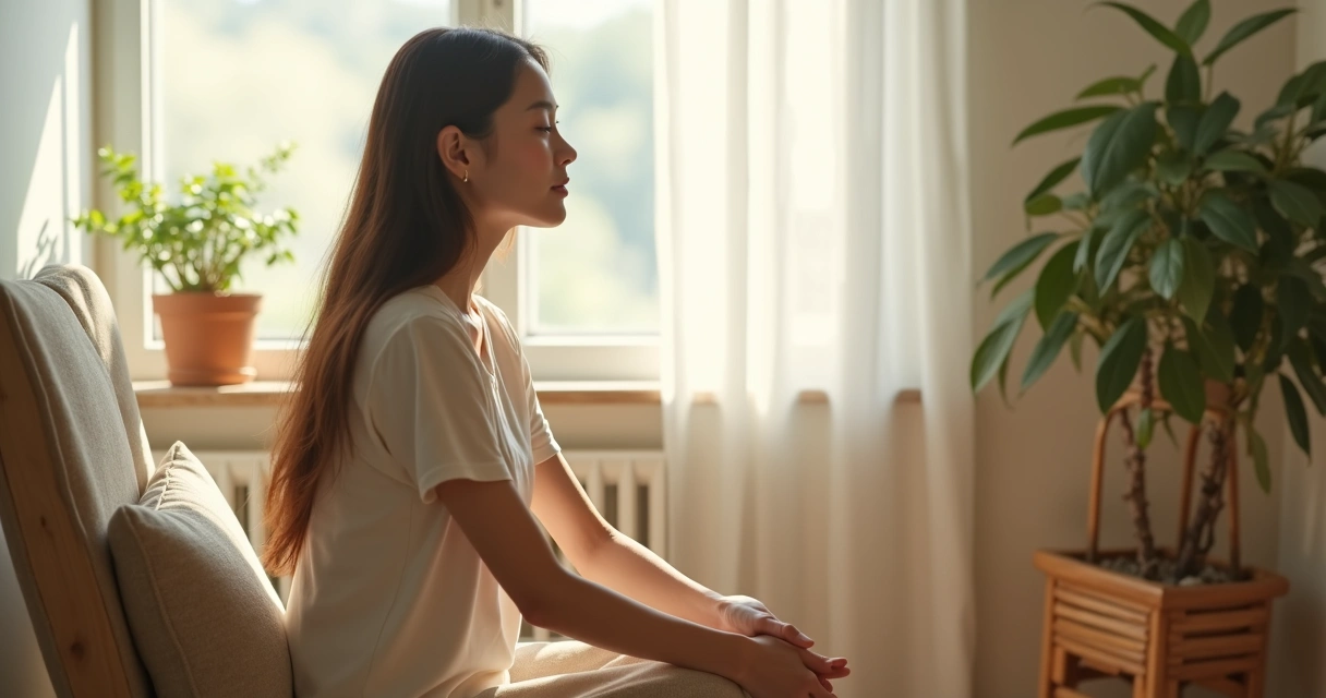 Mulher sentada em silêncio, refletindo com expressão calma em ambiente claro e confortável 