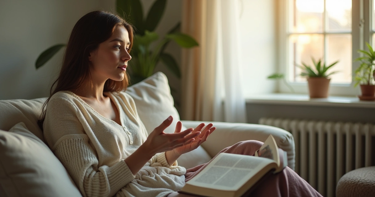 Mulher sentada observando as próprias mãos em um ambiente tranquilo 