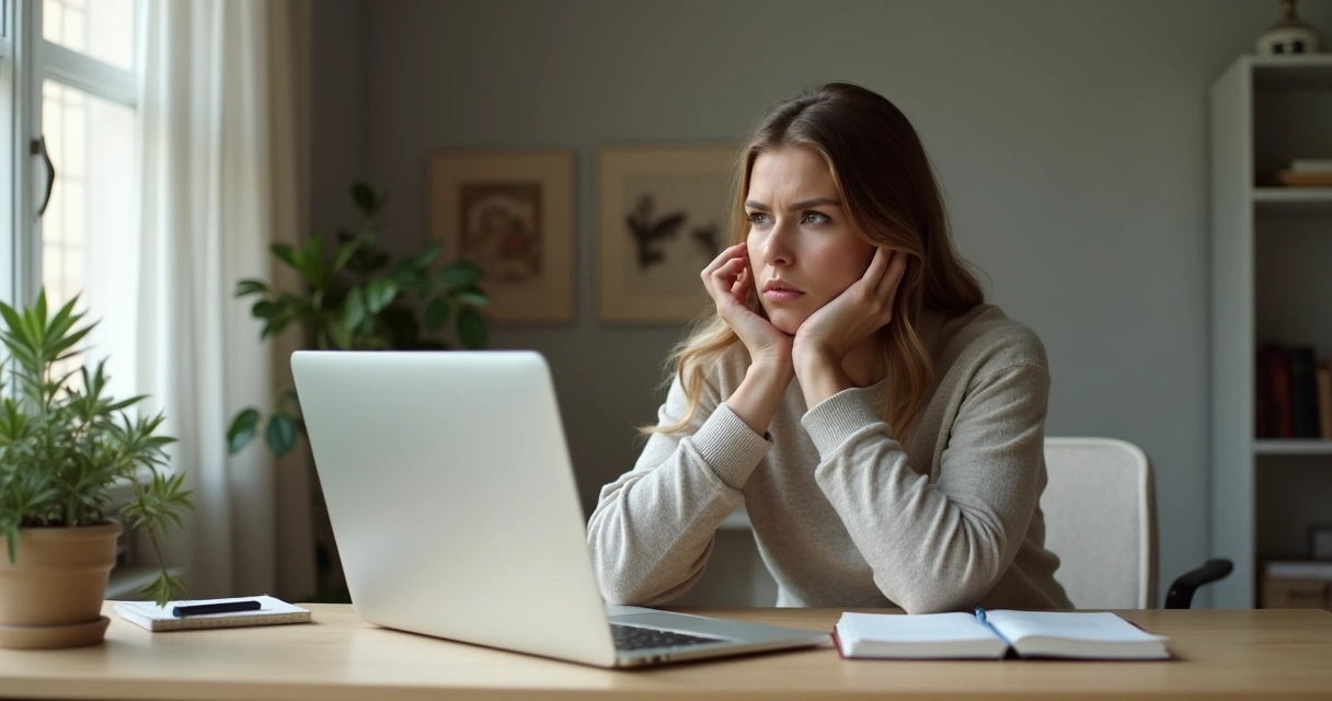 Mulher sentada em frente ao notebook refletindo sobre síndrome do impostor 