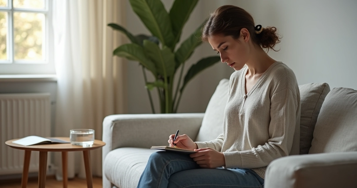 Pessoa sentada em sofá refletindo calmamente após receber críticas 