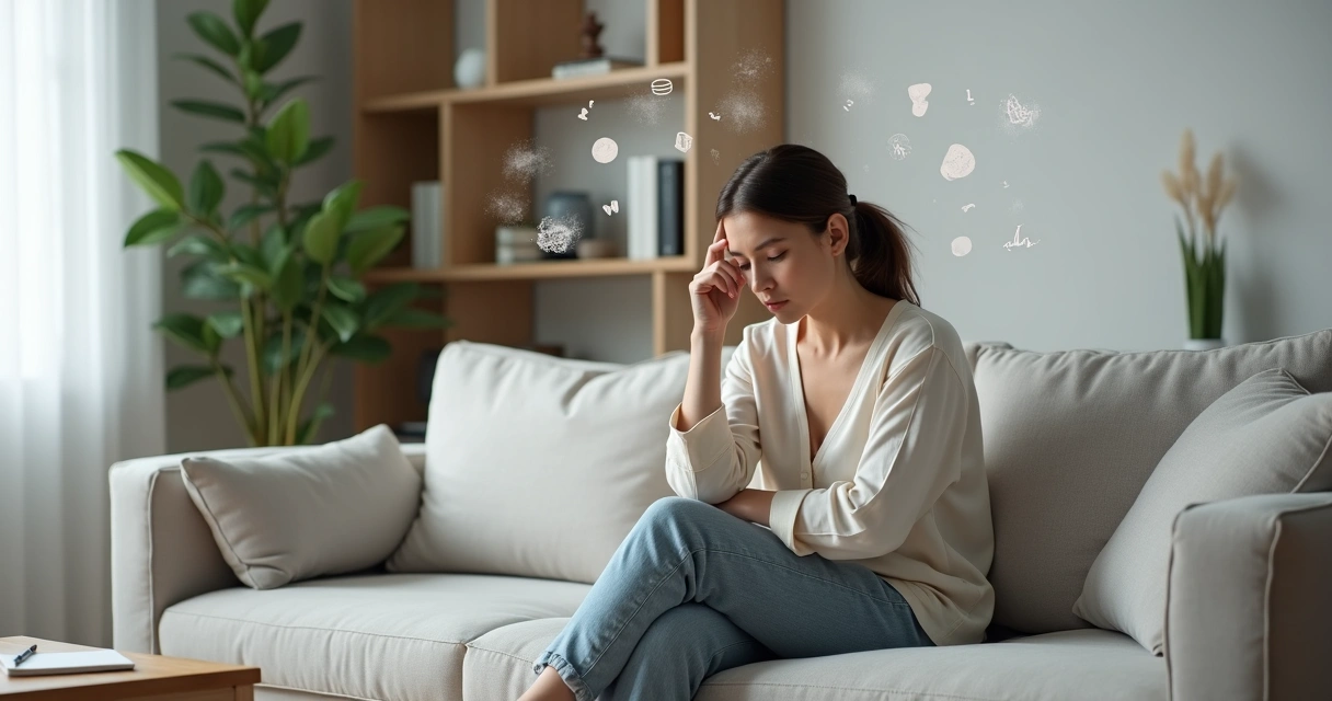 Mulher sentada em sofá com expressão pensativa tocando a própria cabeça em ambiente calmo 