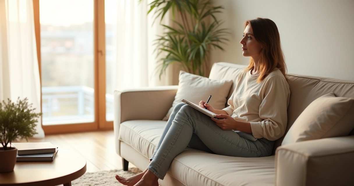 Mulher sentada perto da janela com expressão serena em momento de reflexão 