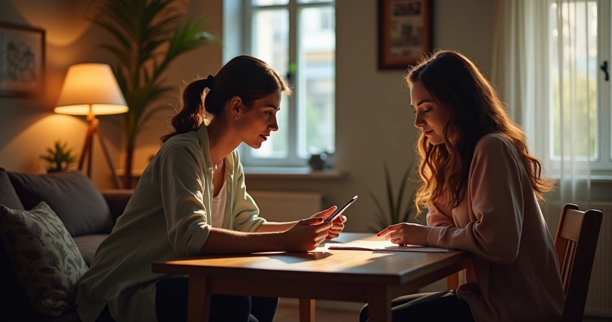Mulher sentada à mesa com expressão pensativa, segura uma carteira e um celular com app financeiro aberto, em ambiente iluminado e organizado 