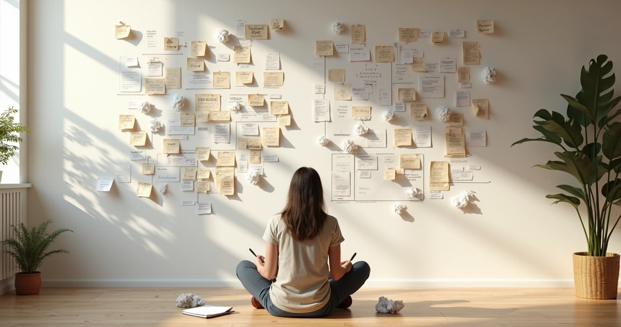 Pessoa sentada em frente a mural com papéis amassados organizando ideias 