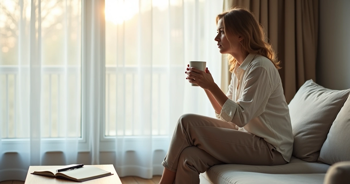 Mulher adulta sentada no sofá segurando uma xícara e olhando pela janela pensativa 