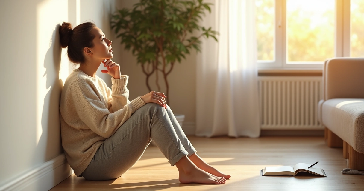 Mulher sentada no chão encostada na parede refletindo com luz entrando pela janela 